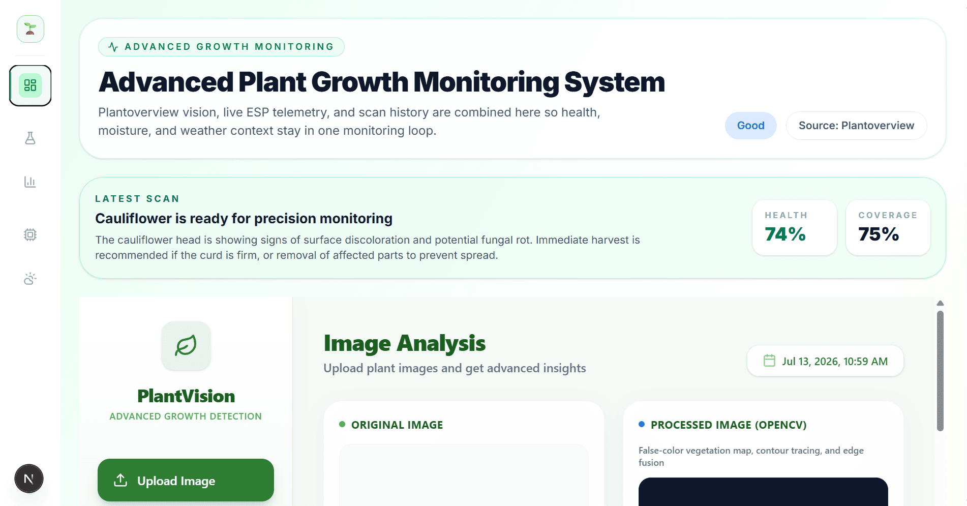 PlantVision advanced plant growth monitoring dashboard with image analysis and health metrics